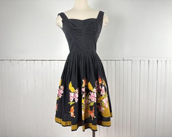 Vintage 50's Black w/ Floral Skirt Fit and Flare Party Sleeveless Sun Dress - XS