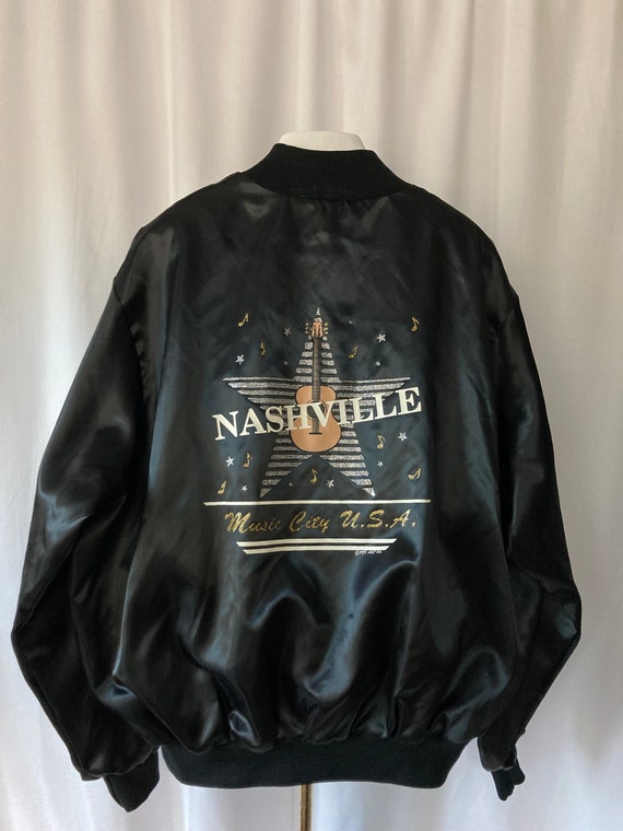 Vintage 80s Black Satin Nashville Bomber Jacket by