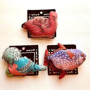 Vintage 80's Puffy Pins by WWF Set of 3 - Flamingo, Peacock and Fish