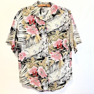 Vintage 80&#39;s 90&#39;s Women&#39;s Hawaiian Aloha Shirt Black, White and Pink by Girls Girls USA - Medium