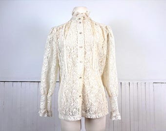 Vintage 70's Women's White Lace Victorian Style Blouse by Teddi of California - Medium/Large
