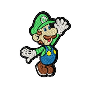 May include: Green and brown cartoon character with a green hat and a mustache, waving with one hand.