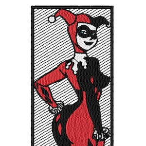 May include: Embroidered patch featuring a stylized image of a female character in a red and black harlequin costume. The character has a white face with a black mask, a red and black jester hat, and is set against a black and white striped background.