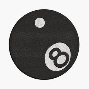 May include: Black and white embroidered 8 ball patch. The 8 ball is a classic symbol of billiards and pool.