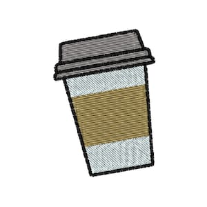 Może przedstawiać: Kartonowa ilustracja kubka do kawy z szarym wieczkiem i brązowym paskiem. Kubek jest biały z jasnoniebieskim paskiem u dołu.