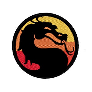 May include: A black dragon silhouette in a circle with a yellow, orange, and red gradient background.