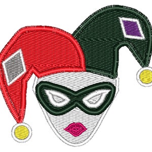 May include: A white face with a red and green jester hat, black eye mask, and pink lips.