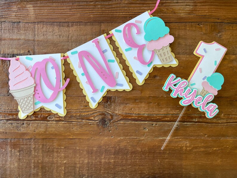 Ice Cream Cone & Number "1" Cake Topper - 7.87" Tall Acrylic First Birthday Decor (Pink & Blue) - View #2