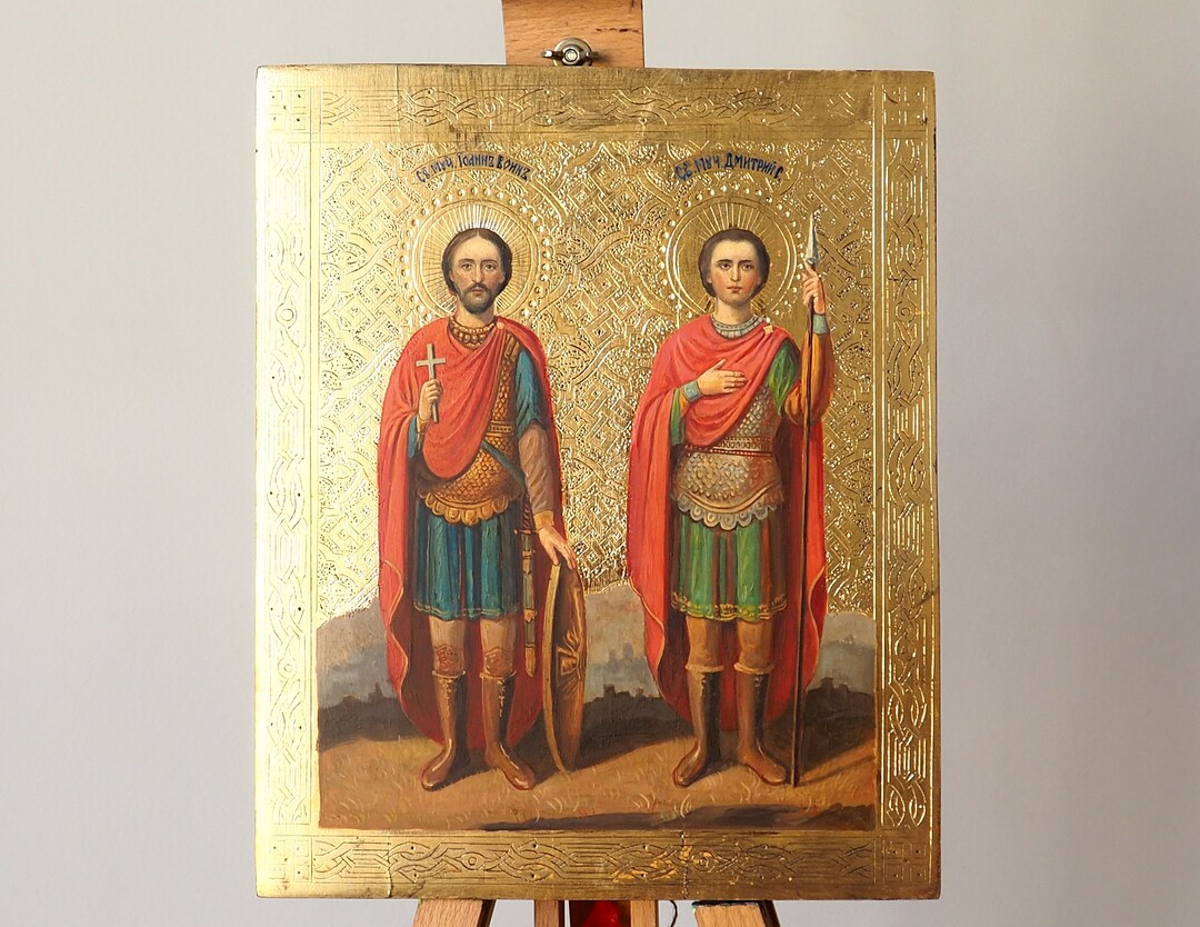 Hand Painted Icon St. John and Dimitri/wood Gilding/oil Paint/ukraine