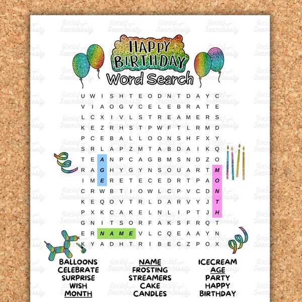 Personalized Happy Birthday Word Search Printable, Custom Birthday Celebration Word Search, Printable Birthday Word Search Puzzle PDF