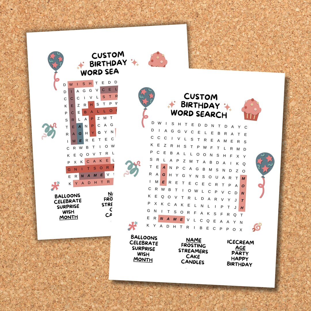 Personalized birthday word search fun party game printable etsy