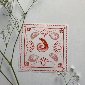 Ilustración de camarones y limones, litografía original pequeña de 15 x 15 cm, "Camarones"