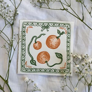 Ilustración de naranjas y encaje, litografía original pequeña de 15 x 15 cm, "Naranjas"