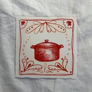 Ilustración de olla, litografía original pequeña de 15 x 15 cm, "Horno holandés"