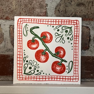Ilustración de tomates, litografía original pequeña de 15 x 15 cm, "Tomates en rama"