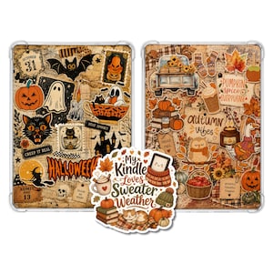 May include: Two rectangular tablet cases featuring collage-style prints of Halloween and autumn themes, with a central sticker displaying a cat, pumpkins, books, and the text My Kindle Loves Sweater Weather. The designs include ghosts, bats, cats, pumpkins, and fall foliage.