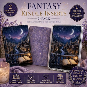 May include: A two-pack of Kindle inserts featuring a fantasy-themed design. The inserts display a night scene with a crescent moon, mountains, a river, and a stone balcony with an open book. One insert is placed inside a clear Kindle case.