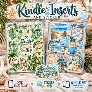 May include: Two rectangular Kindle inserts featuring coastal holiday themes with green and blue color palettes. The left insert displays a snowman, Santa, and palm trees with the text Sleigh bells beach shells. The right insert shows a beach scene, books, and a snowman with the text Beach days, Cozy nights, Good books, Warm drinks.