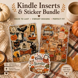 May include: A Kindle inserts and sticker bundle featuring two clear protective cases filled with Halloween and autumn-themed graphics, including pumpkins, ghosts, bats, and fall foliage, plus a central sticker reading My Kindle Loves Sweater Weather.