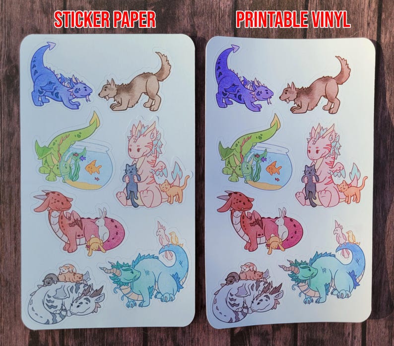 May include: Two sheets of stickers featuring cute cartoon dragons, cats, and other creatures. The left sheet is labeled "Sticker Paper" and the right sheet is labeled "Printable Vinyl".