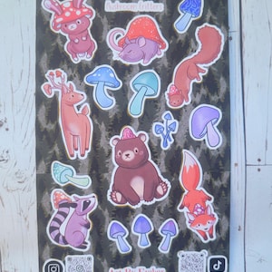 Cute Animal Sticker Sheet, Woodland Creatures With Mushrooms Stickers, Hand-Drawn Sticker Set, Journal, Scrapbook, Planner Stickers