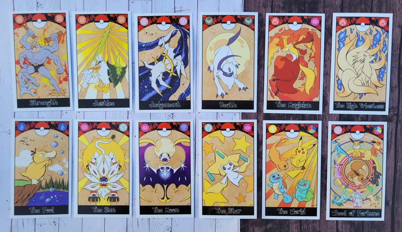 May include: A set of 12 tarot cards featuring Pokemon characters. The cards are illustrated with various Pokemon, including Pikachu, Charizard, and Mewtwo. Each card has a unique design and a title, such as "The Magician", "The Empress", and "The Tower".