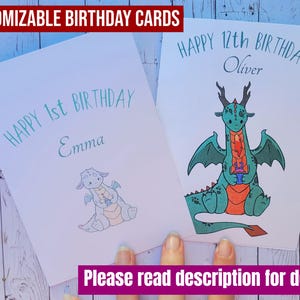 Conjunto de cartões de aniversário infantil personalizáveis, conjunto de até 12 cartões de aniversário, cartão de aniversário com dragão, cartões de 1º a 12º aniversário
