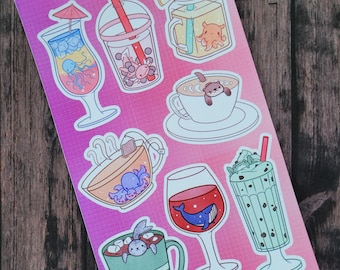 Cute Animal Sticker Sheet, Animals In Drinks Stickers, Hand-Drawn Animal Sticker Set, Journal, Scrapbook, Planner Stickers
