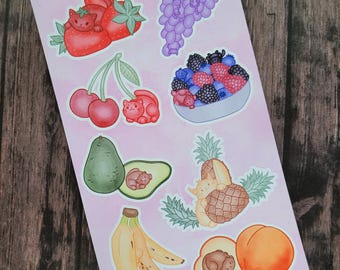 Cute Cat Sticker Sheet, Cats With Fruits Stickers, Hand-Drawn Kitty Sticker Set, Journal, Scrapbook, Planner Stickers
