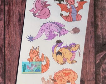 Feuille d'autocollants dragon mignon, autocollants Dragons avec animaux de compagnie inhabituels, ensemble d'autocollants fantastiques dessinés à la main, journal, album de coupures, autocollants d'agenda