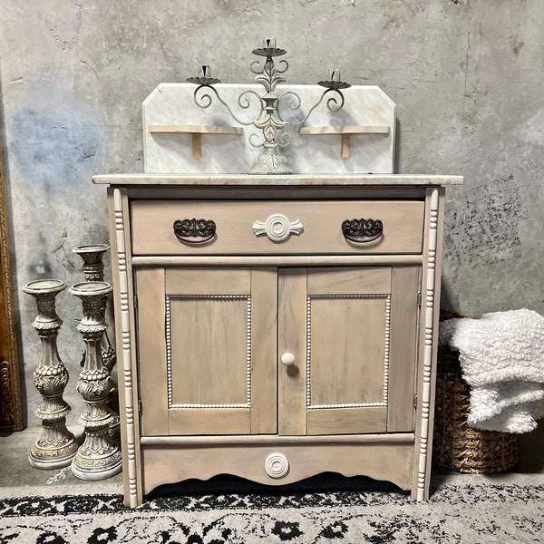 Charming Antique Marble Top Washstand Cabinet