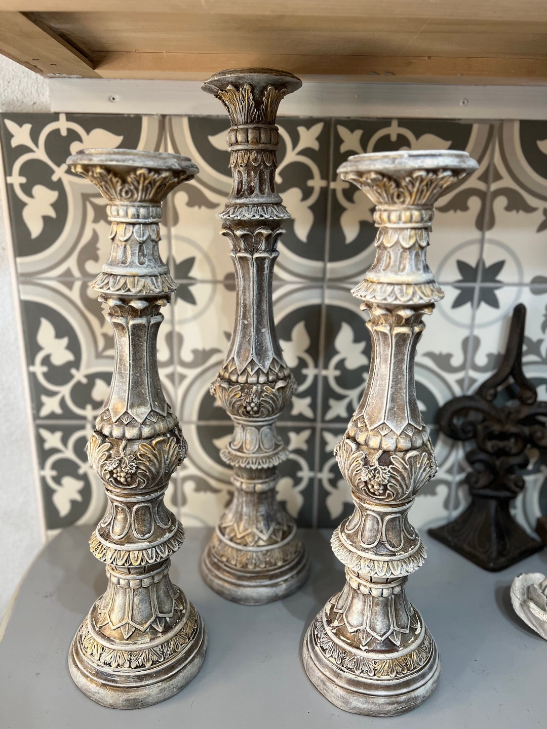 Set of Three Large Pillar Candle Holders in Olde World Finish Etsy