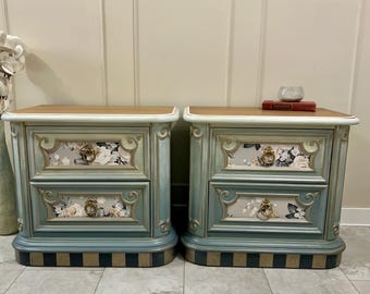 Set of Two French Cottage Ornate Floral Nightstands or End Tables w/ Cream to Blue Blend & Gold Details