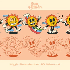 Puede incluir: Un conjunto de 10 mascotas de sol de dibujos animados en estilo retro. Las mascotas est&aacute;n en varias poses, incluyendo correr, tocar m&uacute;sica y sostener una bolsa. Las mascotas est&aacute;n delineadas en negro y rellenas con colores amarillo, naranja y rojo. El texto "Sun Edition" y "High Resolution 10 Mascot" tambi&eacute;n se incluyen en la imagen.