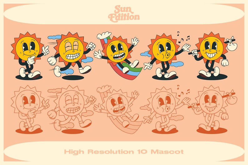 Puede incluir: Un conjunto de 10 mascotas de sol de dibujos animados en estilo retro. Las mascotas est&aacute;n en varias poses, incluyendo correr, tocar m&uacute;sica y sostener una bolsa. Las mascotas est&aacute;n delineadas en negro y rellenas con colores amarillo, naranja y rojo. El texto "Sun Edition" y "High Resolution 10 Mascot" tambi&eacute;n se incluyen en la imagen.