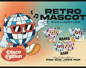 Personajes de dibujos animados con personajes SVG retro, descarga digital de imágenes prediseñadas PNG de mascota retro, imágenes prediseñadas geniales de los años 70, bola de discoteca, baile, vintage, bailando