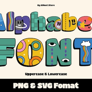 Alphabet Schriftart, bunte Buchstaben Zahlen, Retro Cartoon Schriftart, Sublimation PNG Design, Retro SVG Clipart, Kindergarten Kinder Schriftart