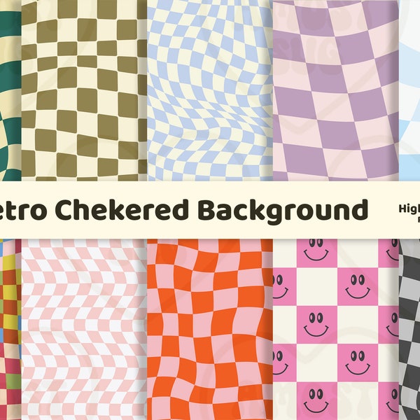 10 Retro Wavy Checker Background, Checkered Pattern, Instant download, Checks Background, Checkerboard Prints, Groovy Png, Retro Patterns