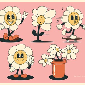 Pu&ograve; includere: Cinque illustrazioni di margherite dei cartoni animati con diverse espressioni e azioni. Una margherita sta salutando, un'altra sta facendo skateboard, un'altra sta correndo, un'altra &egrave; in piedi e un'altra &egrave; in un vaso.