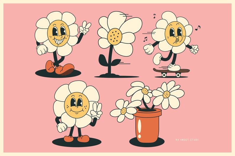 Pu&ograve; includere: Cinque illustrazioni di margherite dei cartoni animati con diverse espressioni e azioni. Una margherita sta salutando, un'altra sta facendo skateboard, un'altra sta correndo, un'altra &egrave; in piedi e un'altra &egrave; in un vaso.