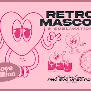 Retro SVG Bundle Cartoon Characters, Retro Mascot PNG Clipart Digital Download, 70's Groovy Clipart, Love, Heart, Valentine, Self Love