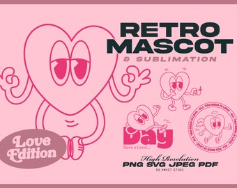 Retro SVG Bundle Cartoon Characters, Retro Mascot PNG Clipart Digital Download, 70's Groovy Clipart, Love, Heart, Valentine, Self Love