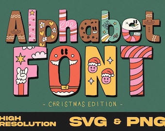 Fuente del alfabeto navideño, letras y números de Feliz Navidad, fuente de dibujos animados retro, diseño PNG de sublimación, clipart SVG retro, fuente de Año Nuevo