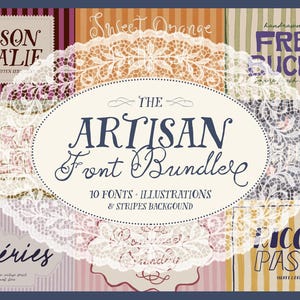 May include: A digital graphic display featuring a central oval frame with white lace trim, containing the text THE ARTISAN FONT BUNDLE 10 FONTS ILLUSTRATIONS & STRIPES BACKGROUND. It is surrounded by various rectangular labels with striped patterns and text.