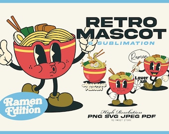 Retro SVG-bundel stripfiguren, retro mascotte PNG clipart digitale download, jaren 70 Groovy clipart, ramen, noedels, eten, smiley