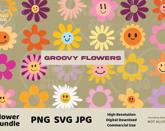Paquete Svg de flores, Flor retro, Archivos de corte de imágenes prediseñadas, Elemento Canva, Procreate, Archivos Png SVG de primavera verano, icono de flor svg, Flor de sonrisa