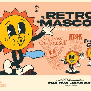 Retro SVG Bundle Personajes de dibujos animados, Mascota retro PNG Clipart Descarga digital, Imágenes prediseñadas groovy de los años 70, Sol feliz, Sol, Vintage, Cara sonriente