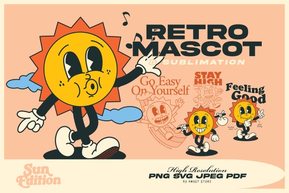 Retro SVG Bundle Cartoon Characters, Retro Mascot PNG Clipart Digital Download, 70's Groovy Clipart, Happy Sun, Sun, Vintage, Smiley Face