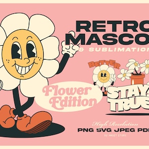 Retro SVG Bundle Cartoon Characters, Retro Mascot PNG Clipart Digital Download, 70's Groovy Clipart, Flower, Flowers, Plants, Smiley Face