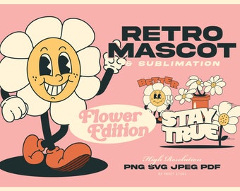 Retro SVG Bundle Zeichentrickfiguren, Retro Maskottchen PNG Clipart Digital Download, 70er Jahre Groovy Clipart, Blume, Blumen, Pflanzen, Smiley-Gesicht